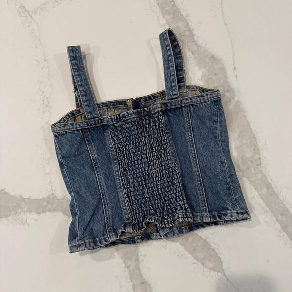 Zara y2k Denim Bustier Crop Top Womens Size Small Blue Smocked Back Front Zipper - Picture 6 of 7
